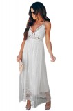 Rochie Lungă Albă cu Bretele Subțiri, Volane și Broderie, Decolteu V, M/L, XL
