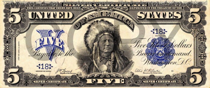 5 dolari 1899 Reproducere Bancnota USD , Dimensiune reala 1:1