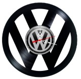 Ceas de perete decorativ realizat din disc de vinil, Model Volkswagen / VW / Auto, Negru, 30 cm
