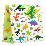 Sacoșă Cadou Dinozauri, Multicolor, 19x10x19cm, M&acirc;nere Satinate Verzi, Oem