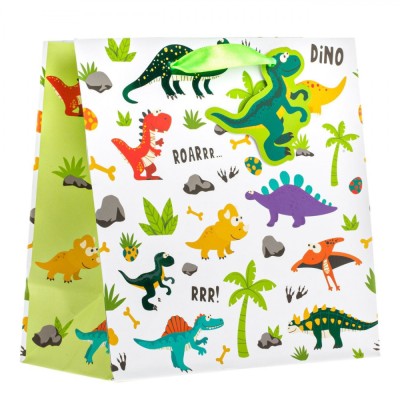 Sacoșă Cadou Dinozauri, Multicolor, 19x10x19cm, M&amp;acirc;nere Satinate Verzi foto