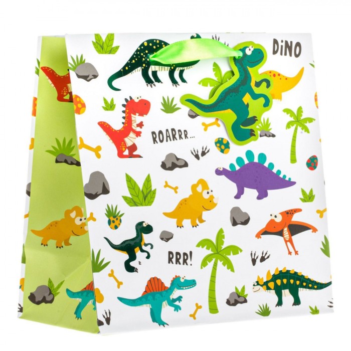 Sacoșă Cadou Dinozauri, Multicolor, 19x10x19cm, M&acirc;nere Satinate Verzi