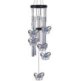 Clopotel de vant cu 5 tuburi sonore metalice argintii pentru casa sau gradina, model Feng-Shui cu 6 fluturi