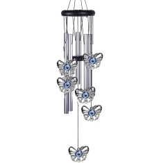 Clopotel de vant cu 5 tuburi sonore metalice argintii pentru casa sau gradina, model Feng-Shui cu 6 fluturi