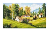 Cumpara ieftin Tablou peisaj din natura cu case taranesti si capite de fan pictat manual, Amintiri de la bunici, 100x60cm ulei pe panza Constantin Feraru