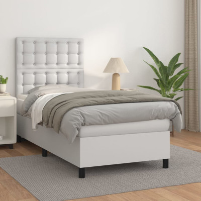 vidaXL Pat box spring cu saltea, alb, 90x200 cm, piele ecologică foto