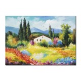 Tablou peisaj pictat manual, La casa din padure, 70x50cm ulei pe panza, gata de agatat pe perete
