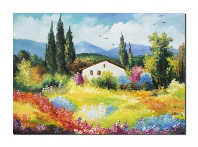 Tablou peisaj pictat manual, La casa din padure, 70x50cm ulei pe panza, gata de agatat pe perete foto