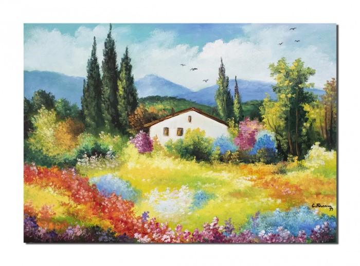 Tablou peisaj pictat manual, La casa din padure, 70x50cm ulei pe panza, gata de agatat pe perete