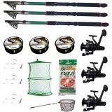 Set 3 lansete eastshark 3,6m, trei mulinete LS500, trei gute, trei monturi, minciog, pufuleti, EAST SHARK