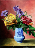 Vas cu flori - tablou semnat pictura originala acrilic pe panza, sasiu 30 x 40cm, Realism