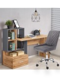 Set birou cu spatii depozitare HM Grosso, rafturi, sertar, PAL melaminat, 149x50x105 cm, stejar auriu/antracit si scaun copii HM Rico, ergonomic, stof