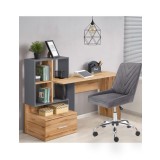 Set birou cu spatii depozitare HM Grosso, rafturi, sertar, PAL melaminat, 149x50x105 cm, stejar auriu/antracit si scaun copii HM Rico, ergonomic, stof