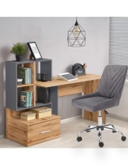 Set birou cu spatii depozitare HM Grosso, rafturi, sertar, PAL melaminat, 149x50x105 cm, stejar auriu/antracit si scaun copii HM Rico, ergonomic, stof