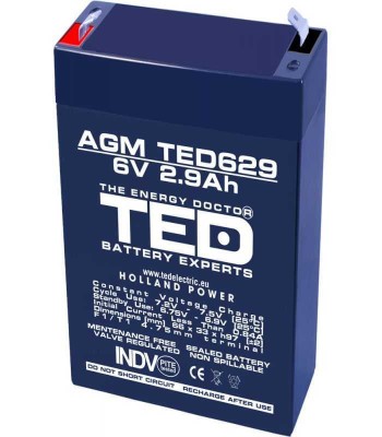 Acumulator AGM VRLA 6V 2.9Ah plumb acid 66x33x97 mm F1 terminal TED foto