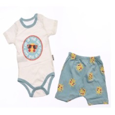 Compleu Body si Pantalon scurt Ochelari de Soare Albastru bebelusi bumbac 0-9 luni