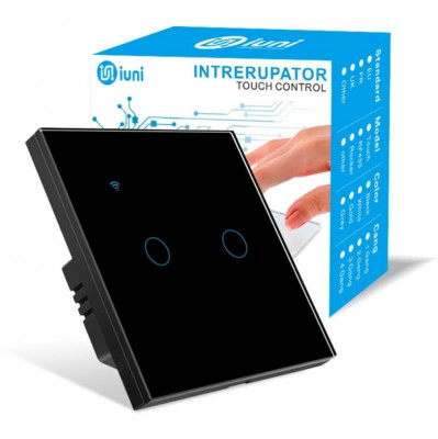 Intrerupator smart touch, WiFi, Sticla securizata, iUni 2G, 10A, Control vocal, Smart Life / Tuya, LED, Black foto