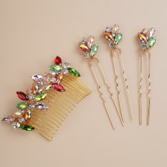 Set accesoriu par stil pieptene si agrafe de par aurii, cu pietre colorate foto