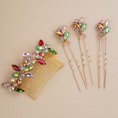 Set accesoriu par stil pieptene si agrafe de par aurii, cu pietre colorate