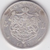 Moneda Argint Romania 5 Lei 1881 Domnul Carol I, 6 Stele - Numismatica