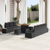 Set canapea gradina 10 piese cu perna negru poli ratan acacia, canapea gradina 2 locuri cu perna negru poli ratan, set masa gradina cu 3 piese si pern