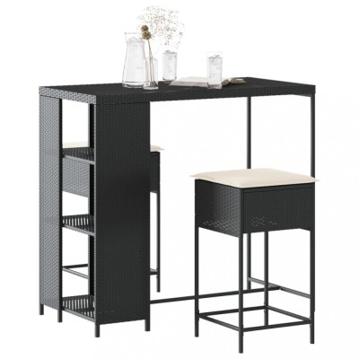 vidaXL Set mobilier bar de grădină cu perne, 3 piese, negru, poliratan foto