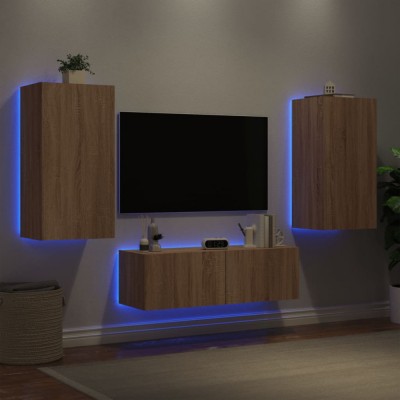 vidaXL Comode TV de perete cu lumini LED, 3 piese, stejar sonoma foto