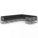 Cumpara ieftin Set mobilier gradina cu perne, 9 piese, gri, lemn masiv de pin