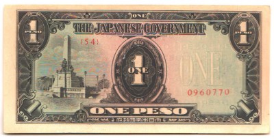 SV * Filipine ONE PESO 1943 * ocup. Japonia * semnată ; stampila Depart. Razboi foto