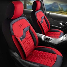 Set Huse Scaune Auto pentru Dacia Logan - Panda Londra, cu fermoare pentru bancheta rabatabila, rosu negru, 11 piese