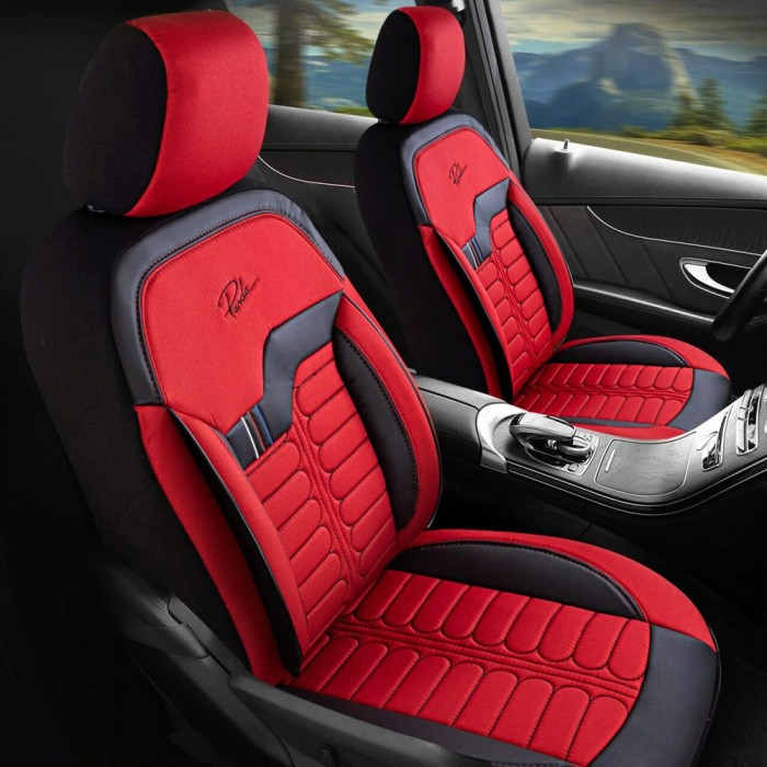 Set Huse Scaune Auto pentru Dacia Logan MCV - Panda Londra, cu fermoare pentru bancheta rabatabila, rosu negru, 11 piese