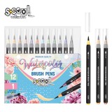 Set markere cu varf tip pensula pe baza de apa + pensula cu rezervor, 12+1 &ndash; S-COOL