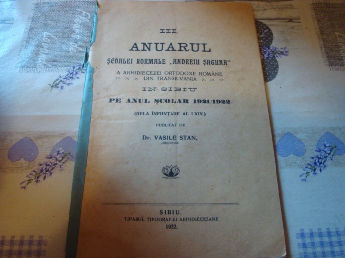 Anuarul Scoalei normale Andrei Saguna in Sibiu pe anul scolar 1921-1922