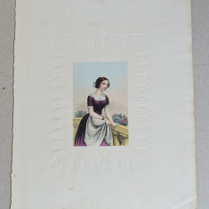 Portret de femeie litografie colorata manual sec 19