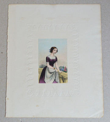 Portret de femeie litografie colorata manual sec 19 foto