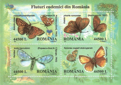 |Romania, LP 1591/2002, Fluturi endemici din Romania, bloc, MNH foto