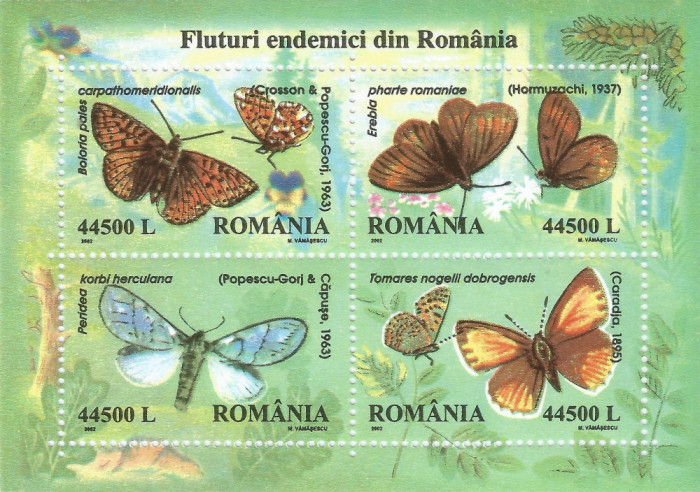 |Romania, LP 1591/2002, Fluturi endemici din Romania, bloc, MNH