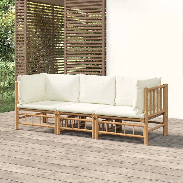 Gossi set mobilier de gradina, cu perne alb crem, 3 piese, bambus