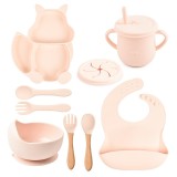 Set 10 piese diversificare bebelusi din silicon, baveta, farfurie si bol cu ventuza, tacamuri din lemn si silicon, cana, fara alergeni, roz pal