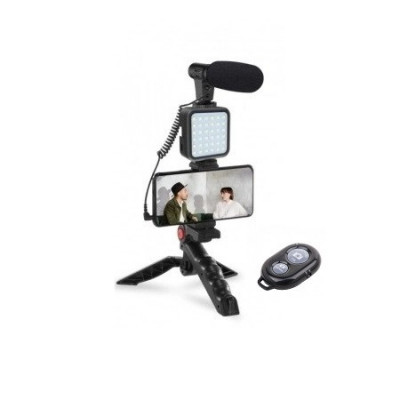 Kit profesional pentru vlogging,trepied,suport telefon,microfon,mini panou LED + telecomanda Bluetooth foto