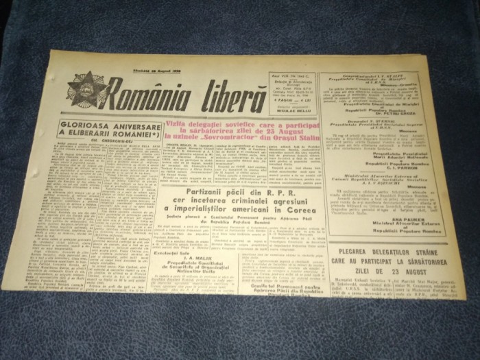 ZIARUL ROMANIA LIBERA 26 AUGUST 1950 RAZBOI COREEA