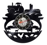 Ceas Perete Disc Vinil Ferma Agricola, Tractor Vaca Cocos, Cadran Skeleton, Negru 30cm, Silentios, Decor Rustic