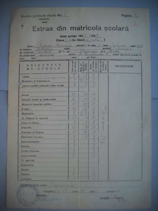 HOPCT DOCUMENT VECHI NR 401 SCOALA PRIMARA MIXTA RADAUTI 1947 JUD SUCEAVA