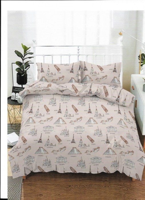 Lenjerie de pat pentru o persoana cu husa de perna dreptunghiulara, Paris, bumbac mercerizat, multicolor