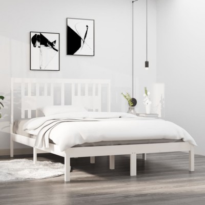 vidaXL Cadru de pat dublu 4FT6, alb, 135x190 cm, lemn masiv foto