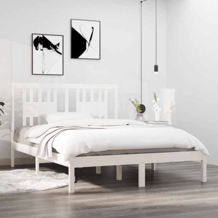 vidaXL Cadru de pat dublu 4FT6, alb, 135x190 cm, lemn masiv