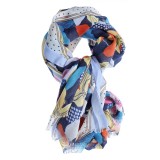 Esarfa bleu cu flori multicolore si buline