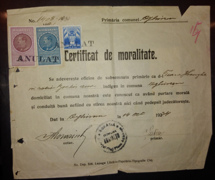 Certificat de moralitate 1934 Aghiresu Cluj