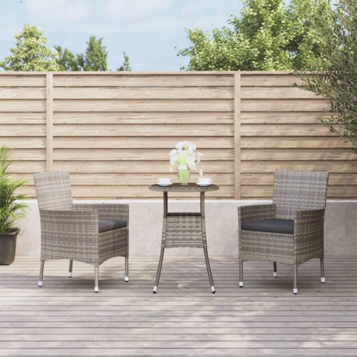 vidaXL Set bistro de grădină cu perne, 3 piese, gri, poliratan 3187418