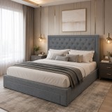 Pat matrimonial cu spatiu depozitare Austin, elemente lemn masiv, tapitat cu stofa, cu somiera,160x200 cm, gri